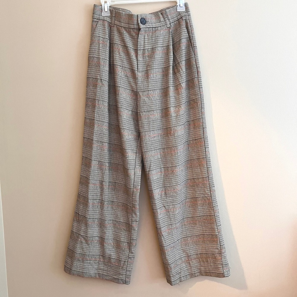 Zara Brown Orange Glen Check Plaid Wide Leg High Waist Pleated Trousers Size M